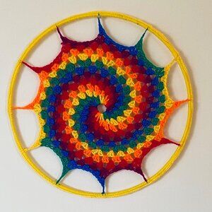 Crochet Rainbow Mandala Wall Hanging Spiral Pattern 13.75" Handmade